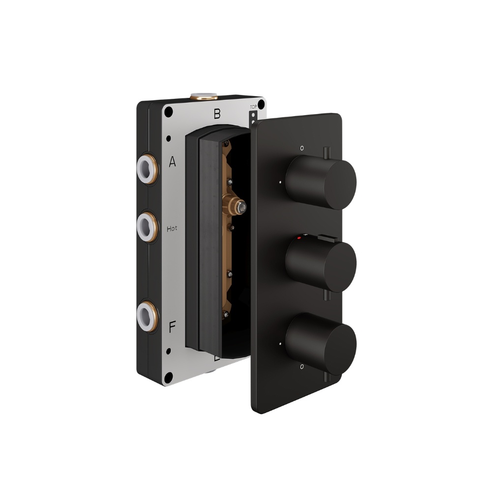 Product Cut out image of the Abacus Iso Matt Black 3 Outlet 3 Handle Thermostatic Shower Valve